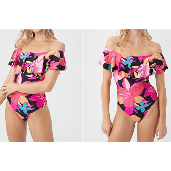 Trina Turk Other - Trina Turk Solar Floral Ruffle Off The Shoulder One Piece Swim Suit 8 NWT